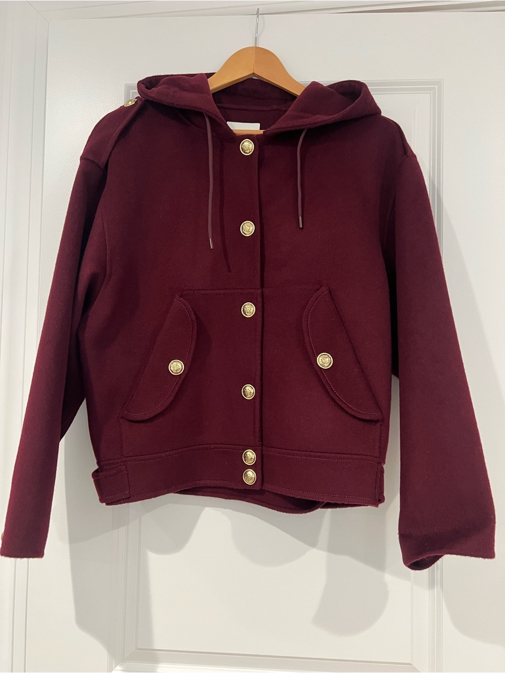 Sandro Women's Hooded Button-Front Jacket in Burgundy with Gold Buttons